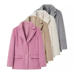 Colletto con risvolto cappotti rosa in peluche per donna moda maniche lunghe monopetto giacche larghe autunno inverno pacchetto femminile soprabito