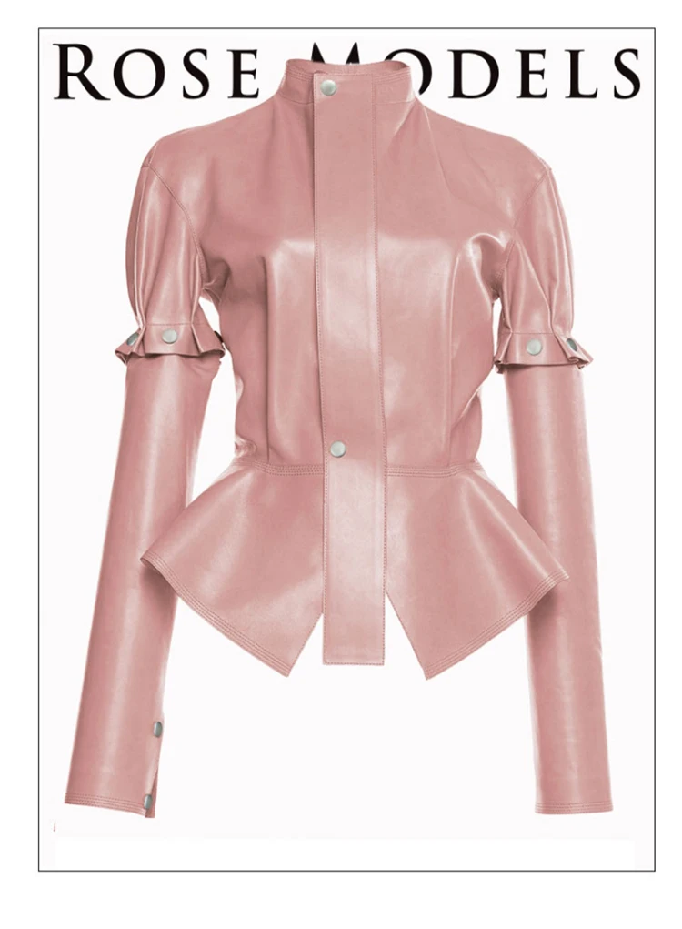 

2024 Spring Autumn Short Stylish Chic Pink Shiny Reflective Patent Pu Leather Jacket Women with Detachable Long Sleeves