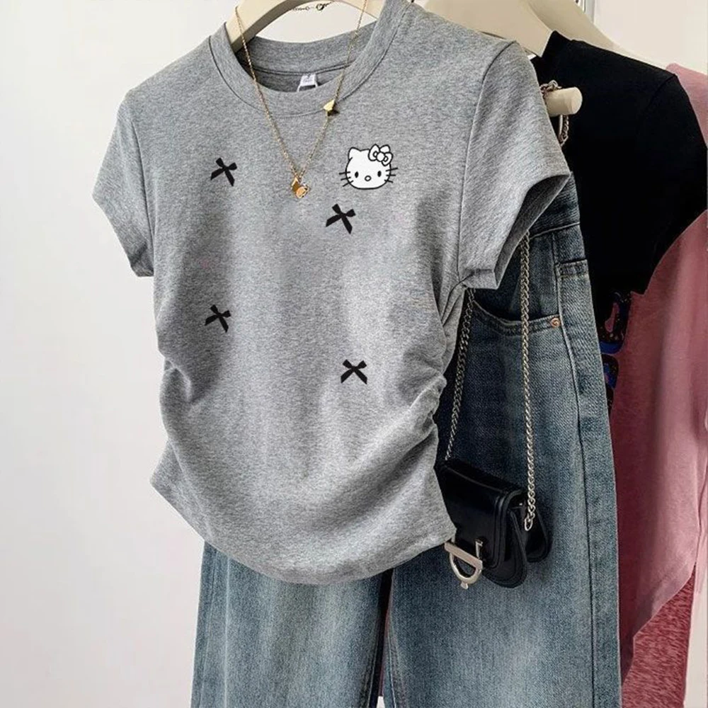 

Sanrio Anime Hello Kitty Women T-Shirt Fashion Cartoon Bow Fold Short Sleeve Cute Y2K Girls Casual Short Style Street Tops Gift