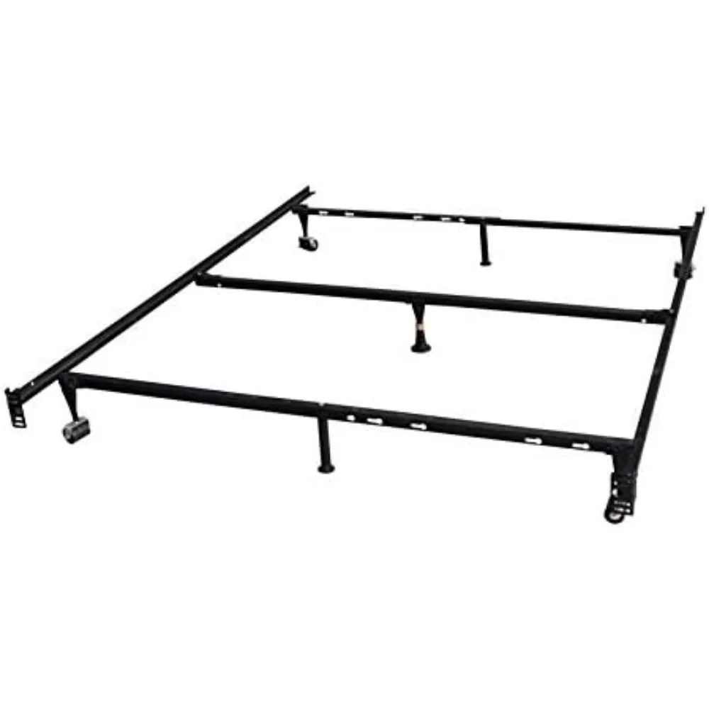 

King's Brand 7-Leg Heavy Duty Adjustable Metal Queen Size Bed Frame with Center Support Rug Rollers and Locking Wheel