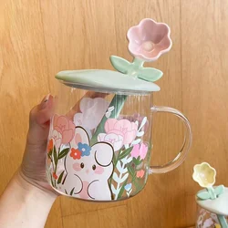 뚜껑이 달린 귀여운 내열성 유리 머그잔, 숟가락 컵, 투명 유리 컵, 커피 메이트 컵, 음료 머그잔