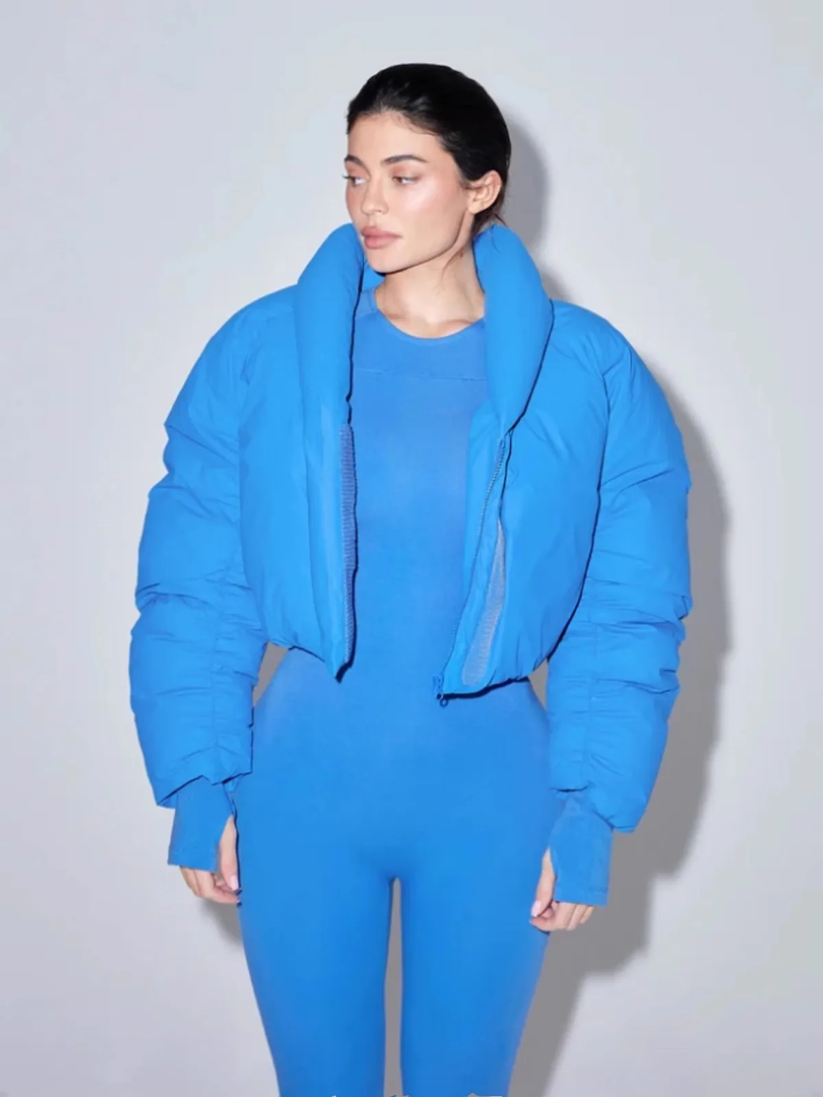 KHY Kylie Ultra Short Blue Fruit Collar Cotton Jacket Thick Coat Contour Stand up Collar Down Cotton Jacket