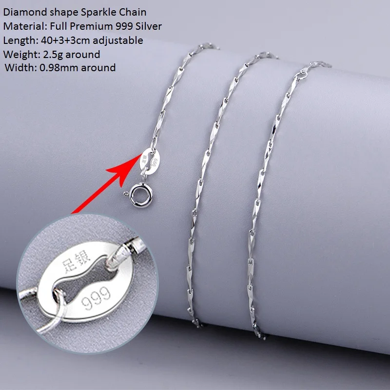 Premium 999 Silver simple necklaces plain neck chain Jewelry DIY making supply Sparkle DIamond-shaped everyday adjustable chain