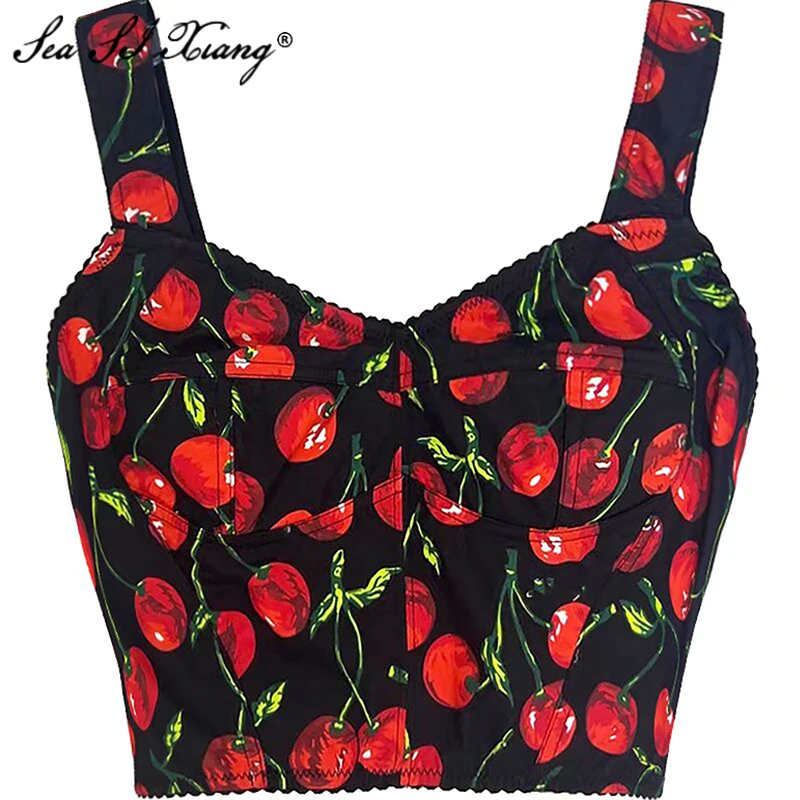 Seasixiang Fashion Designer Autumn Backless Tops Women Spaghetti Strap Sleeveless Cherry Print Vacation Camis Tops