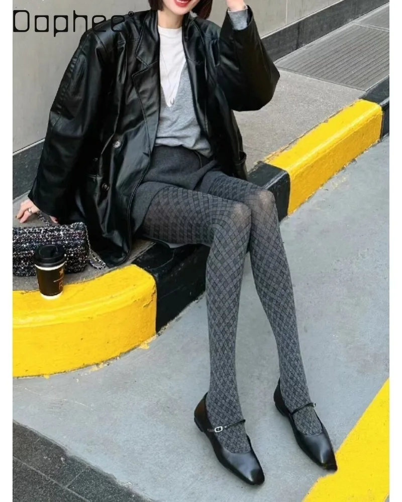 Korean-style Retro Soft and Comfortable Diamond-patterned Tights Versatile for Spring Autumn Non-slip Won't Sag or Slide Down