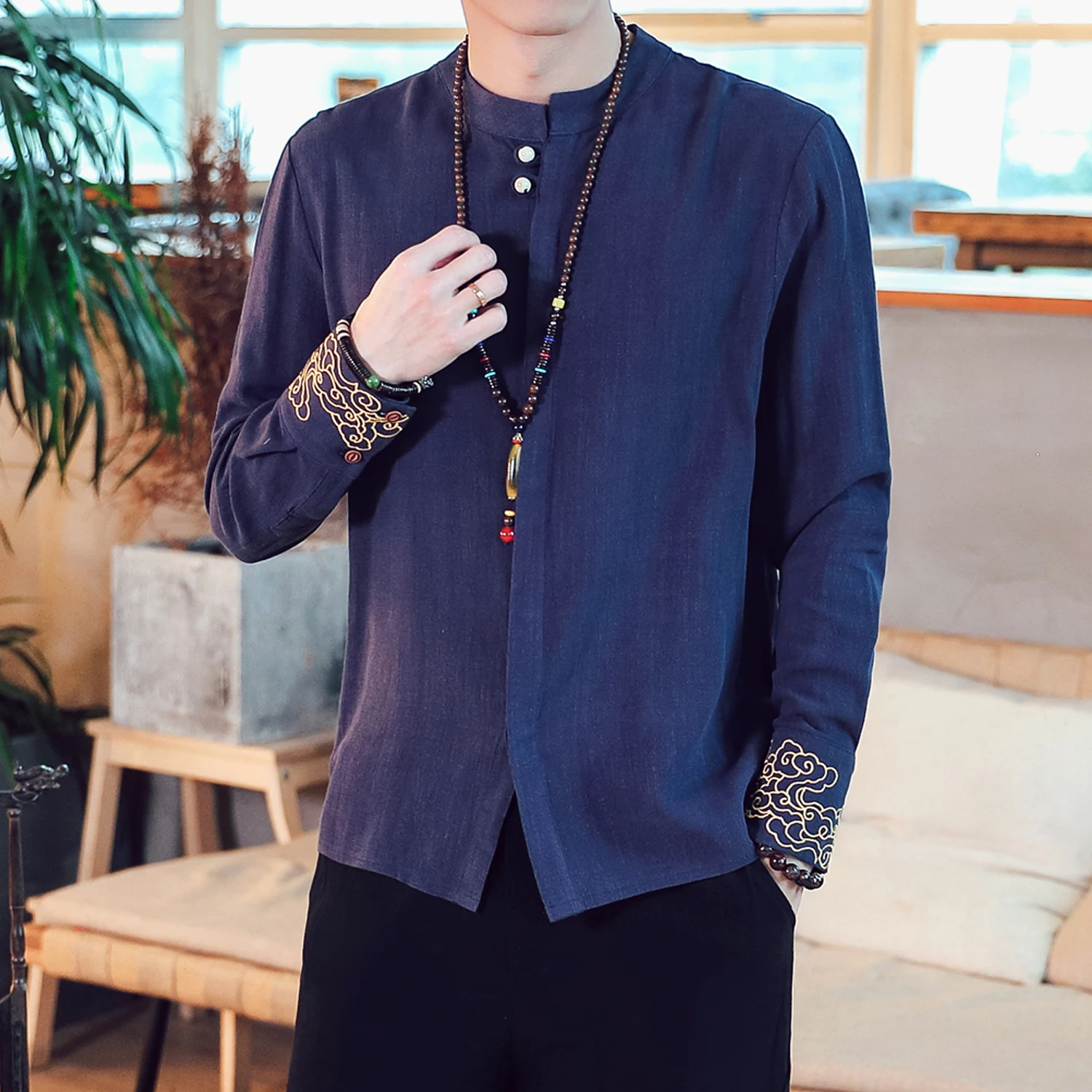 

Loose Fit Linen Shirt Men's Spring Fashion Brand Embroidered Stand Collar Long Sleeve Button up Casual Shirt Youth Trend