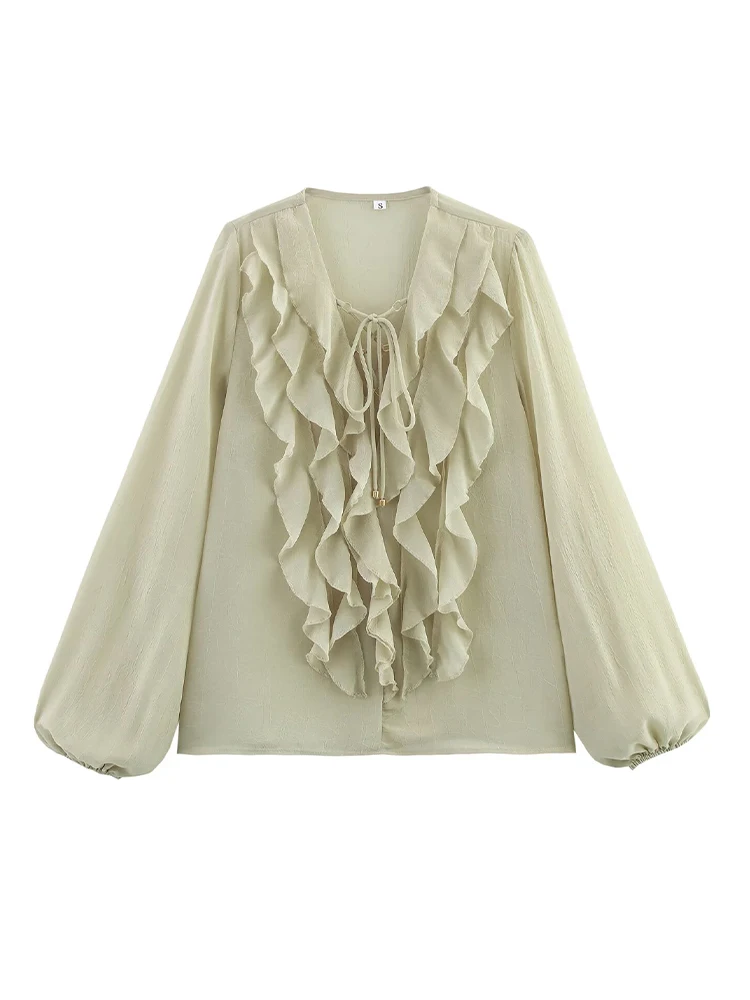 

ZAJIA 2025 new European and American style fashion design layered decoration translucent V-neck long-sleeved shirt