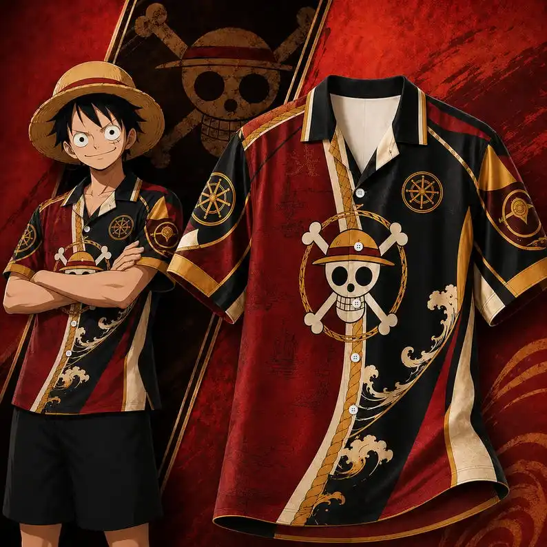 Conjunto de camiseta y pantalones cortos casuales de vela para hombre, mujer y niño, con estampado de Luffy, sombrero de paja, camiseta de manga corta, estilo pirata, anime y urbano, talla grande