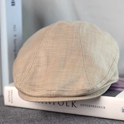 New Solid Spring And Summer Casual Men Flat Summer Linen Beret Hat Woman Beige Grey Breathable Cap Duckbill Driving Hats A-61