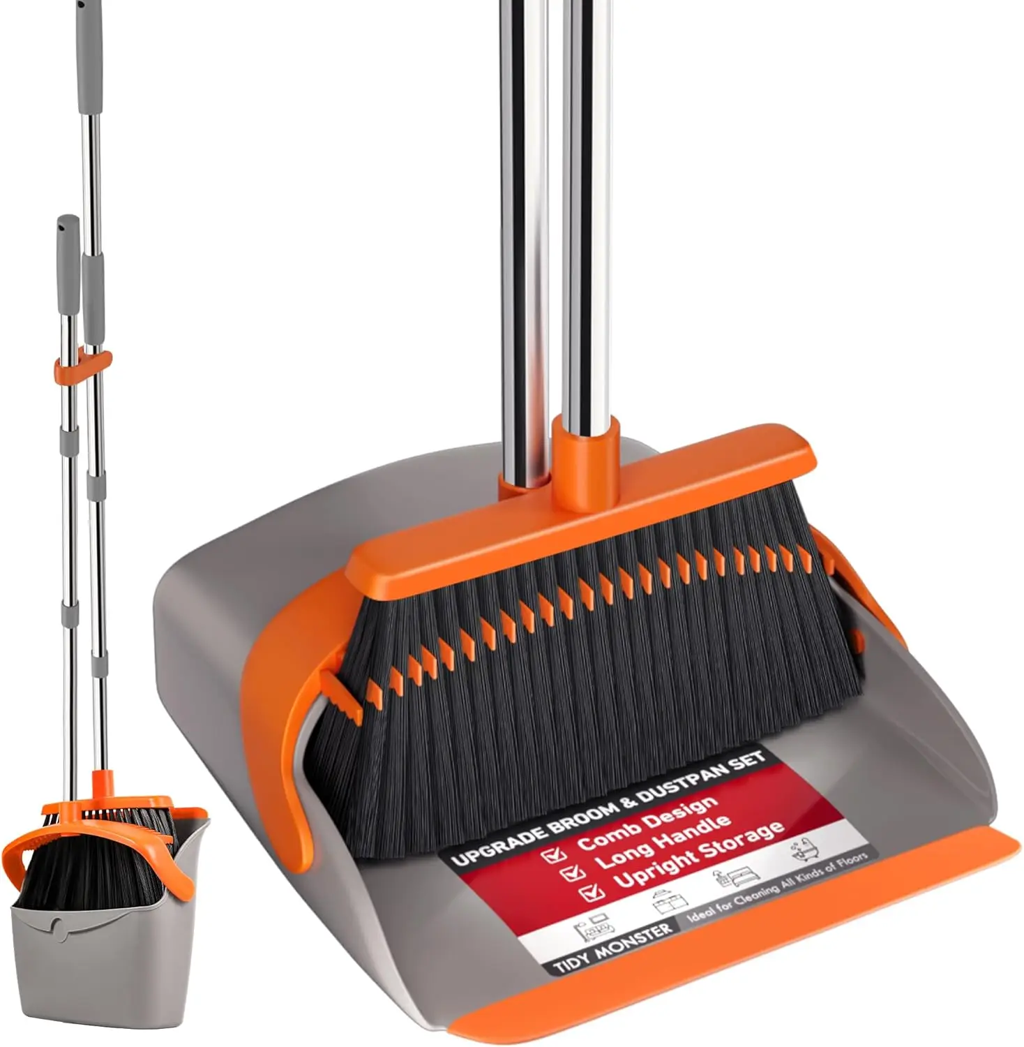 Household Upright Broom and Dustpan Set 52 Inch Long Handle Floor Sweeping Brush with Self-Cleaning Comb Teeth Dust Pan Combo Space Saving Sweeper Cleaning Tools for Home Kitchen Indoor Outdoor