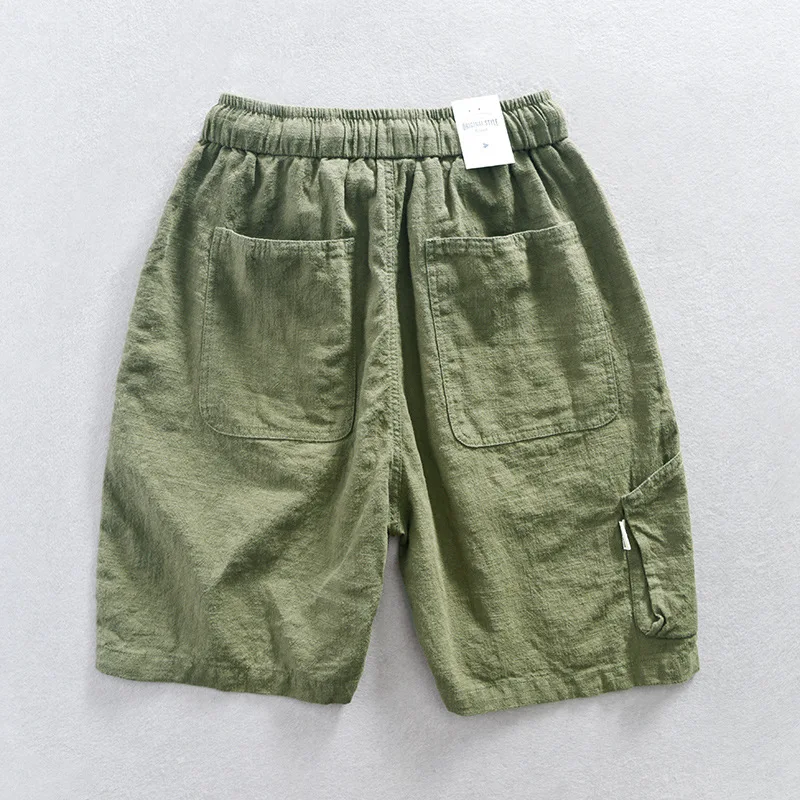 New Korea Summer Solid Cotton Linen Elastic Waist Thin Loose Casual Cargo Pocket Pants Men Shorts Male Clothing