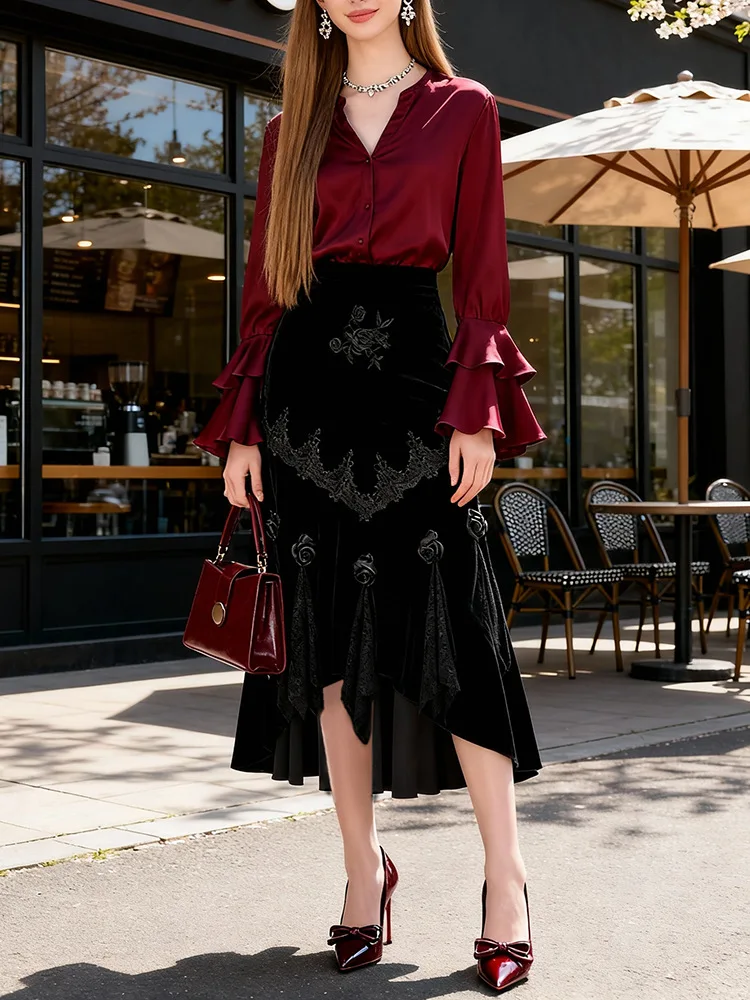 Vintage Gothic 3D Floral Black Velvet Skirt Women Winter Embroidery Bodycon Pencil Mermaid Midi Skirt Elegant Luxury Lady Skirt
