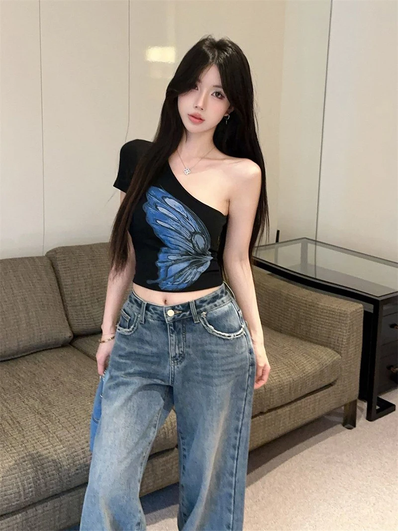 Spicy Girl ort Sve T-Shirt Damen Slim Fit Print Asymmetrical Shoulder Pure Desire Frühling Sommer Neu