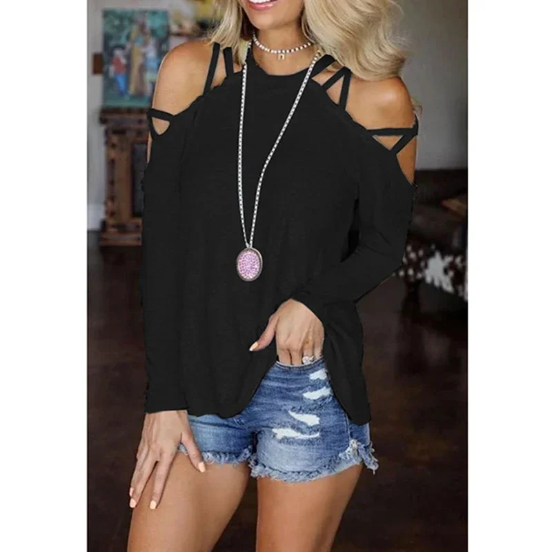 

Strapless Black T-shirt Gothic Punk Loose T-shirt Ladies Bandage Cross Long Sleeve Korean O-Neck Top Streetwear Tops Women 2022