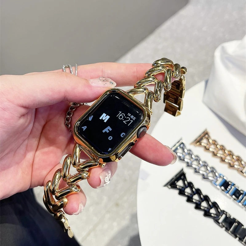 

Роскошный металлический ремешок для Apple Watch 44 мм, 40, 45, 41, 38, 42, 46 мм, женский браслет для iWatch Series 10, 9, 8, 7, 6, SE, 5, 4, 3, Ultra 2, 49 мм