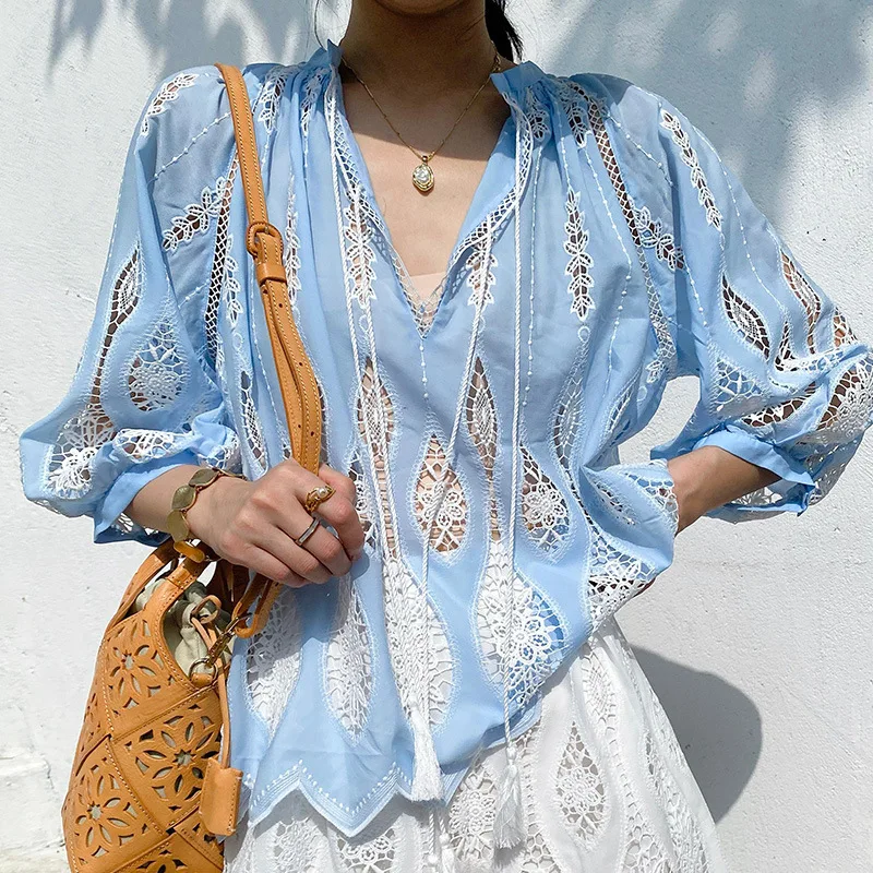 

French Chic Vintage Embroidery Shirt Blouse Boho Blue Yellow Women Spring Long Sleeve Lace Hollow Out Casual Loose Ladies Tops