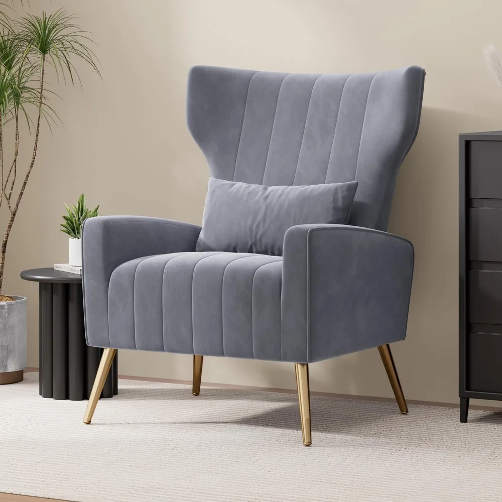 Velvet Accent Chair Wingback for Living Room, High Back Arm Chair with Golden Legs Lumbar Pillow, Upholstered Single Sofa Bedroo