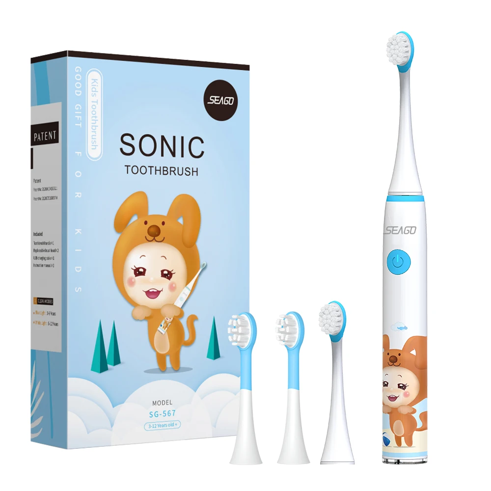 Seago SK3 Kids Sonic Electric Toothbrush Rechargeable Soft Tongue Cleaner 3-12years Day and Night Modes 4 Toothbrush Heads