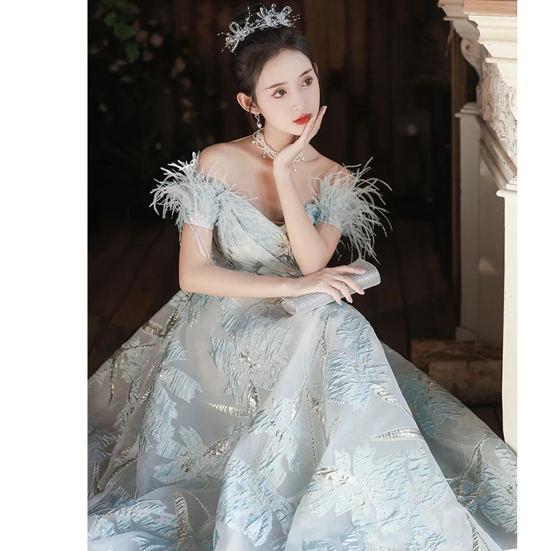 

French Luxury Evening Dress Elegant Jacquard Off The Shoulder Feather Deco Slim A-line Floor-Length Cocktail Party Vestidos