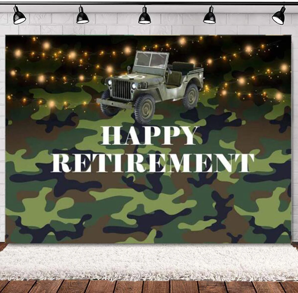 Retired Soldier Happy Retirement Party Decoration Photography Backdrop Army Green Camouflage Background Cake Table Banner