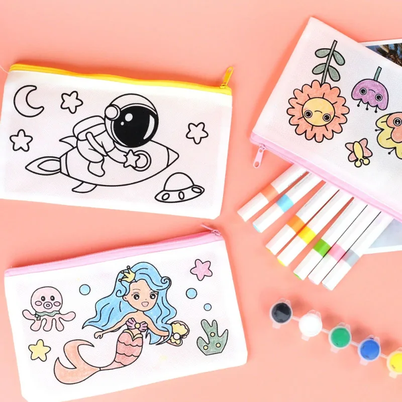 ตลก Graffiti เครื่องเขียนกระเป๋า DIY จิตรกรรมหัตถกรรมสําหรับเด็กน่ารักกระต่าย Mermaid นักบินอวกาศรถดอกไม้ปากกากระเป๋าของเล่น