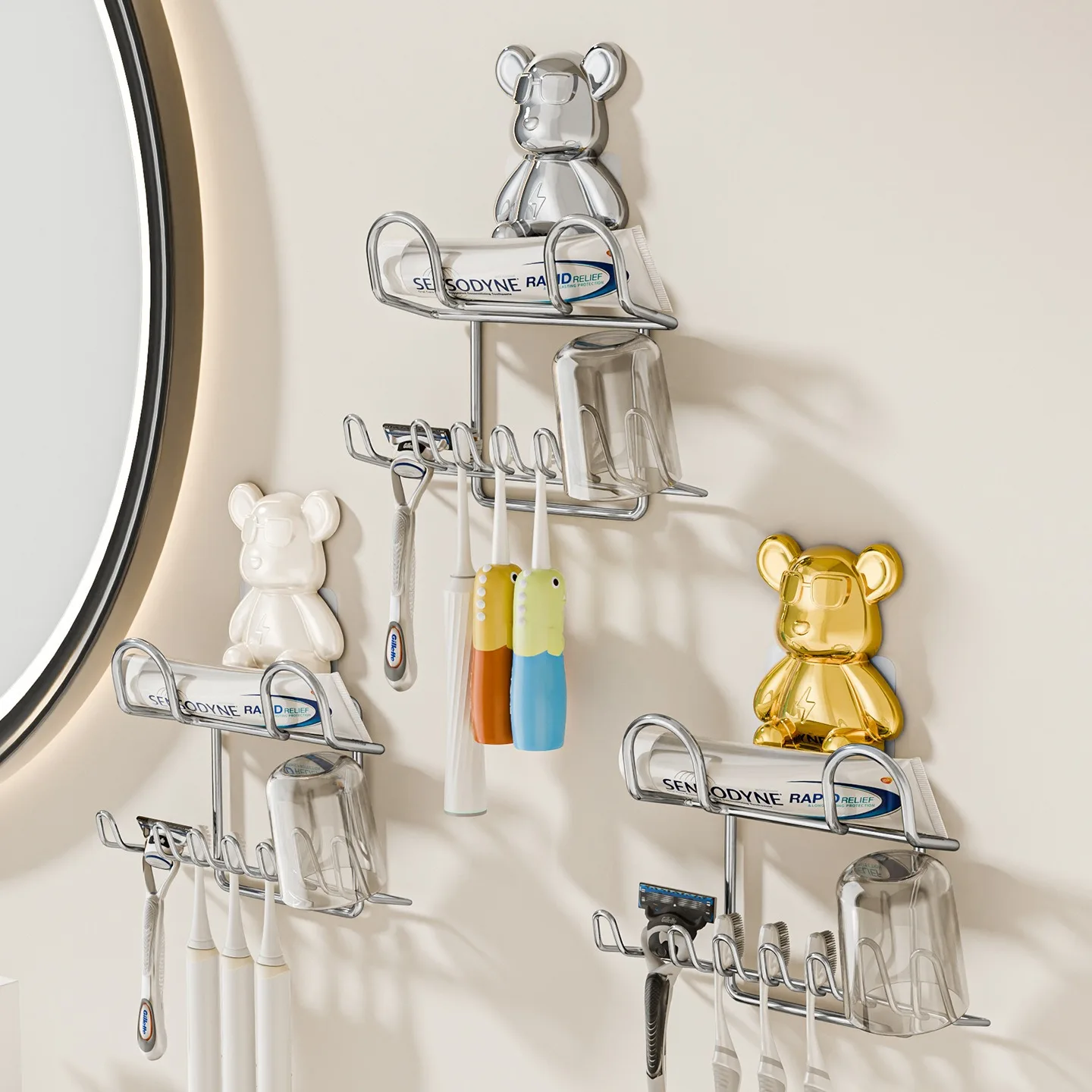 No-Drill Toothbrush Holder Stainless Steel Wall-Mounted Toothpaste Rack Rinse Cup Storage Bear Toothbrush Stand
