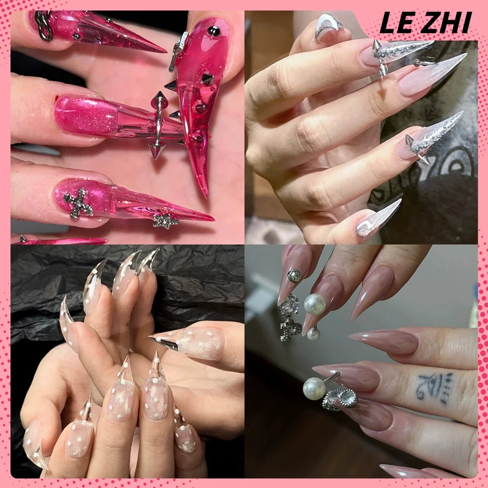 

10Pcs Handmade Long Beast Claw Dragon Shape Claw Handmade False Nail Spice Girl Y2K Metal Rivets Diamond Gradients Press On Nail