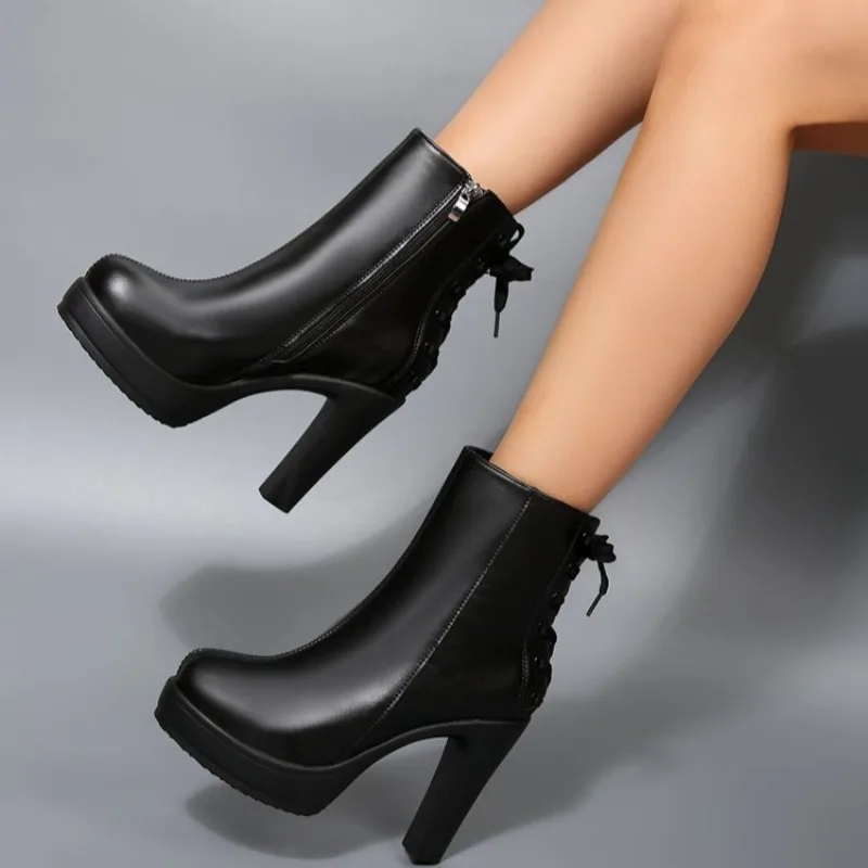 Women's High Heeled Boots Fashion Pointe Ankle Boots High Quality Casual Leather Boots Temperament High Heeled Platform Booties
