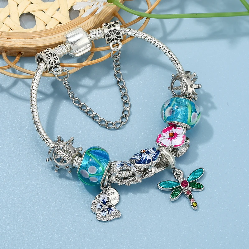 Cute Butterfly Dragonfly Pendant Charm Bracelets With Pansy Beads Bracelet Bangles For Women Men Girls Jewelry Gift Dropshipping