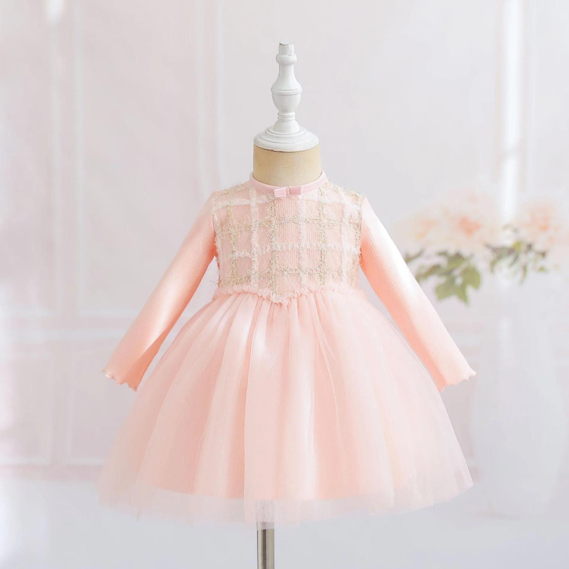 Baby Girl Pink Tulle Princess Dress Flower Girl Elegant Long Sleeve Birthday Party Ball Gown Kids Wedding Evening Formal Costume