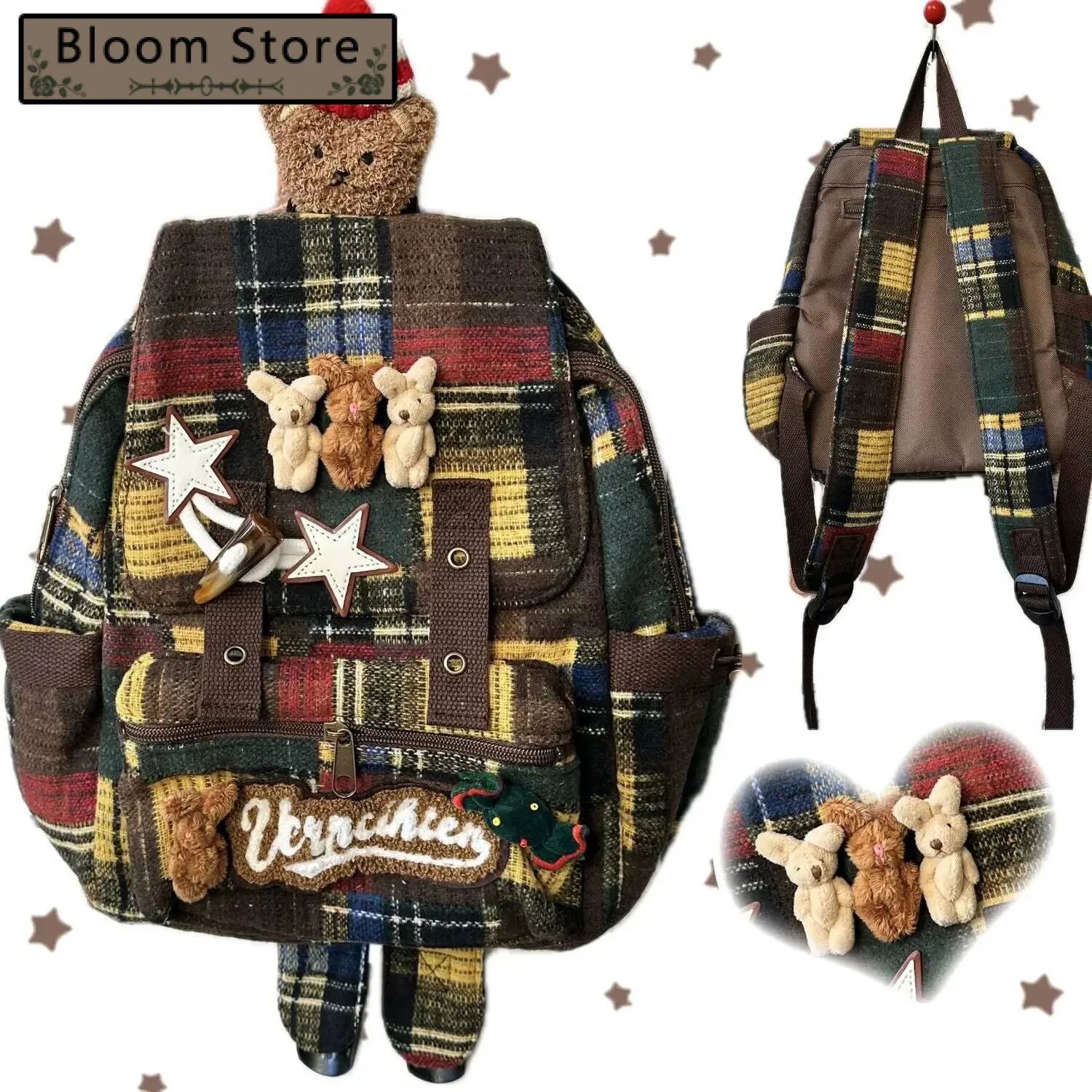 

Bloom Haruku Bear Y2k Backpack Women New 2025 High Street Retro Plaid Patchwork Schoolbag Female Casual Mochila Aesthetic