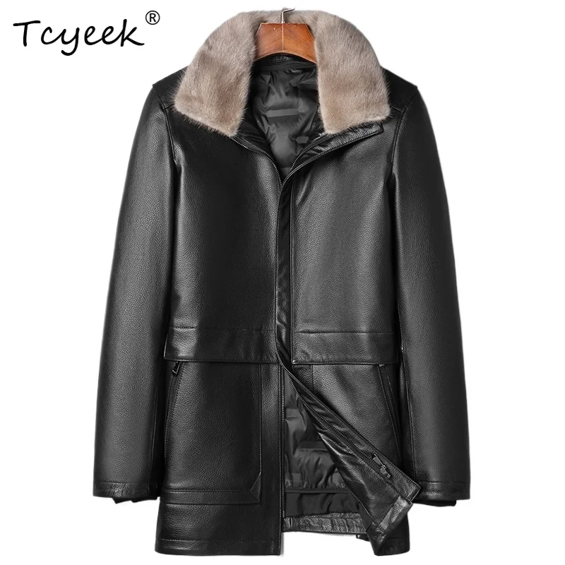 

Tcyeek Верхний слой из коровьей кожи, осенне-зимняя съемная подкладка на пуху, черная мужская куртка из натуральной кожи Куртка Кожаная Мужская