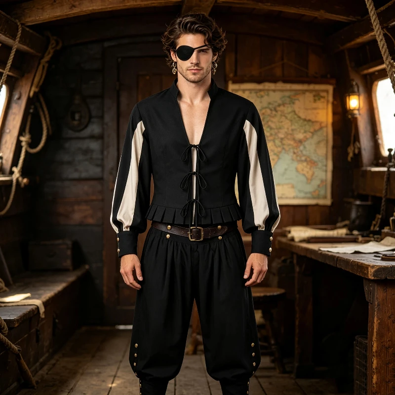 Disfraz de Pirata Medieval Renacentista para Hombre, Top con Cordones y Bloques de Color, Pantalones Anchos, Traje de Payaso para Halloween y Fiestas