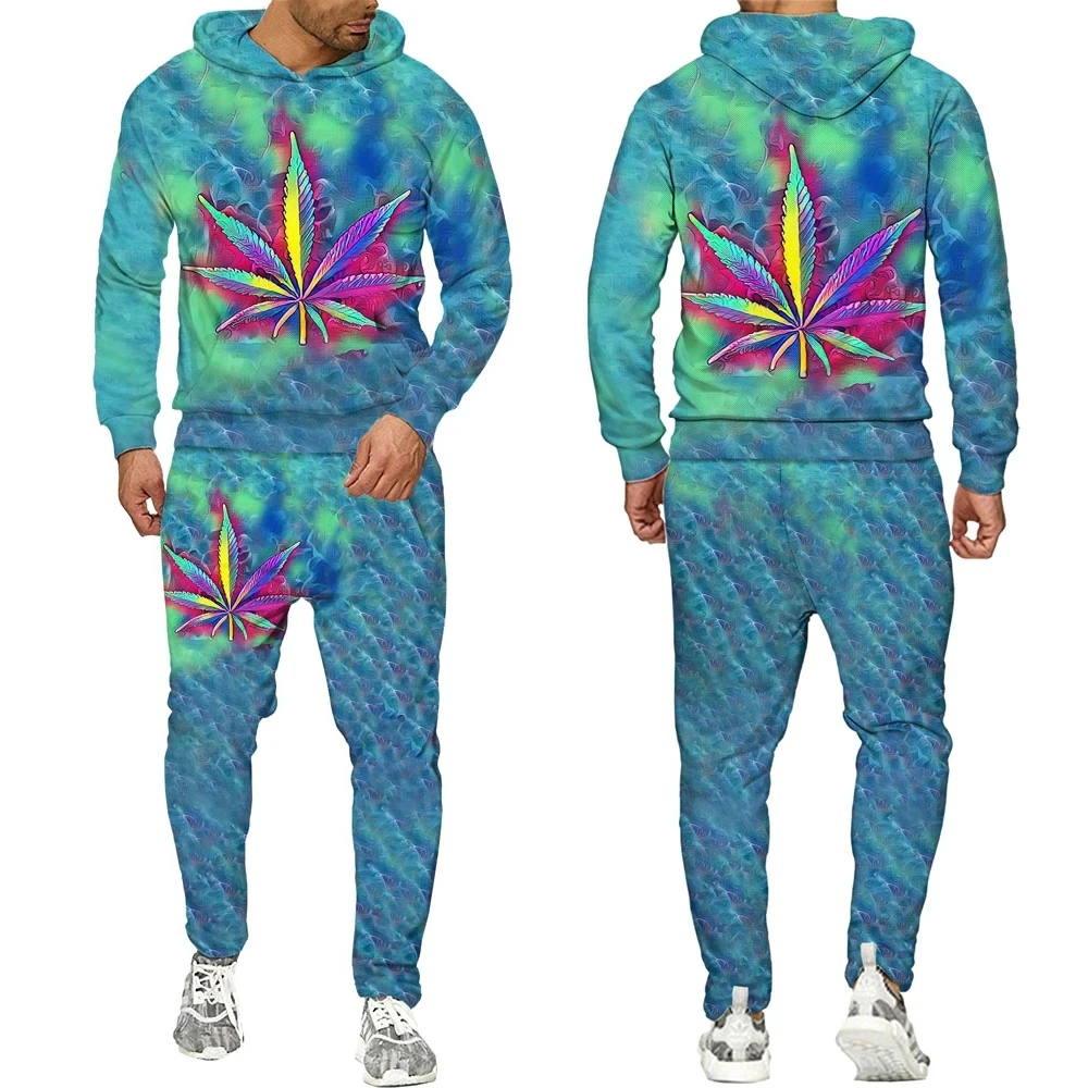 New 3D Printing Couple Tricolor Maple Leaves Fashion Men Women Tracksuits Crewneck Hoodies+pants Plus Size S-7XL Men Clothing