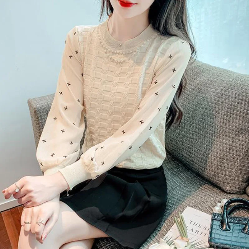 Autumn Winter New Fashion Patchwork Knitting Long Sleeve Sweater Ladies All-match Printing O-neck Chiffon Top Tee Women Clothes