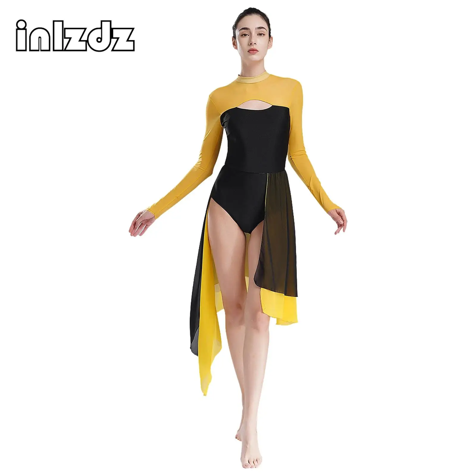 

Womens Open Front Irregular Lyrical Dance Dresses Cutout Backless Sheer Mesh Long Sleeve Leotard Dress for Stage Performance