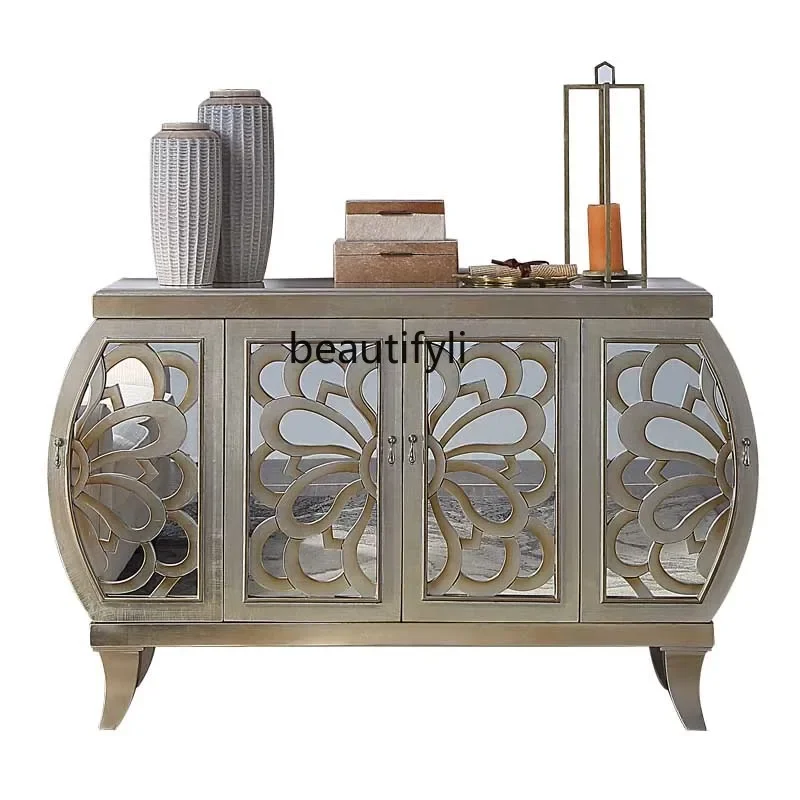 

Light luxury American dining side cabinet, living room entrance wall storage cabinet, mirror engraved cabinet