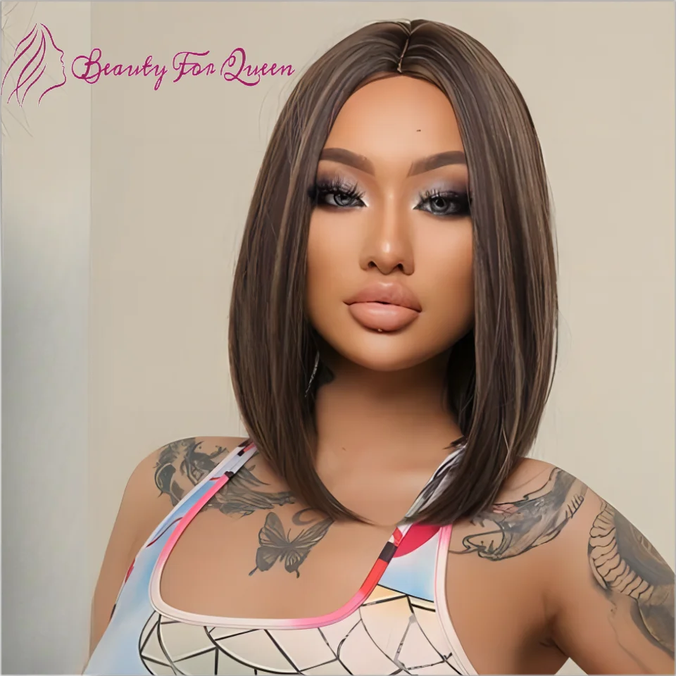 Straight Short Bob Wig Highlight Brown Colored Human Hair Transparent Lace Front Wig Glueless Wig Human Hair For Women