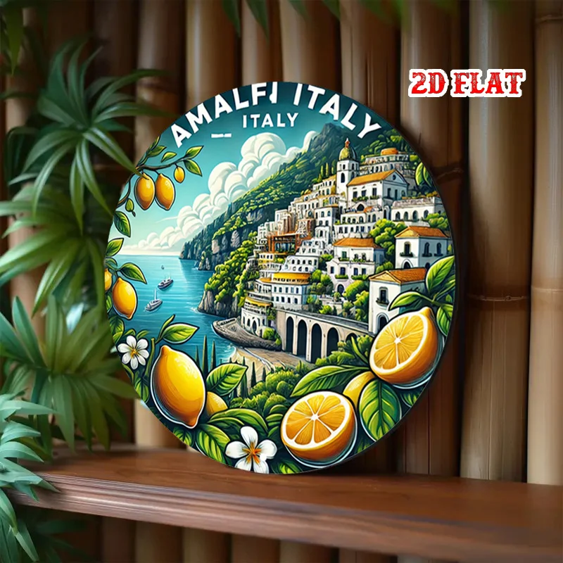 2D Flat, 1pc Vintage Mediterranean Amalfi Coast Metal Wall Art Sign - 7.87'' Round Italian Coastal Village Decor with Lemon & Li