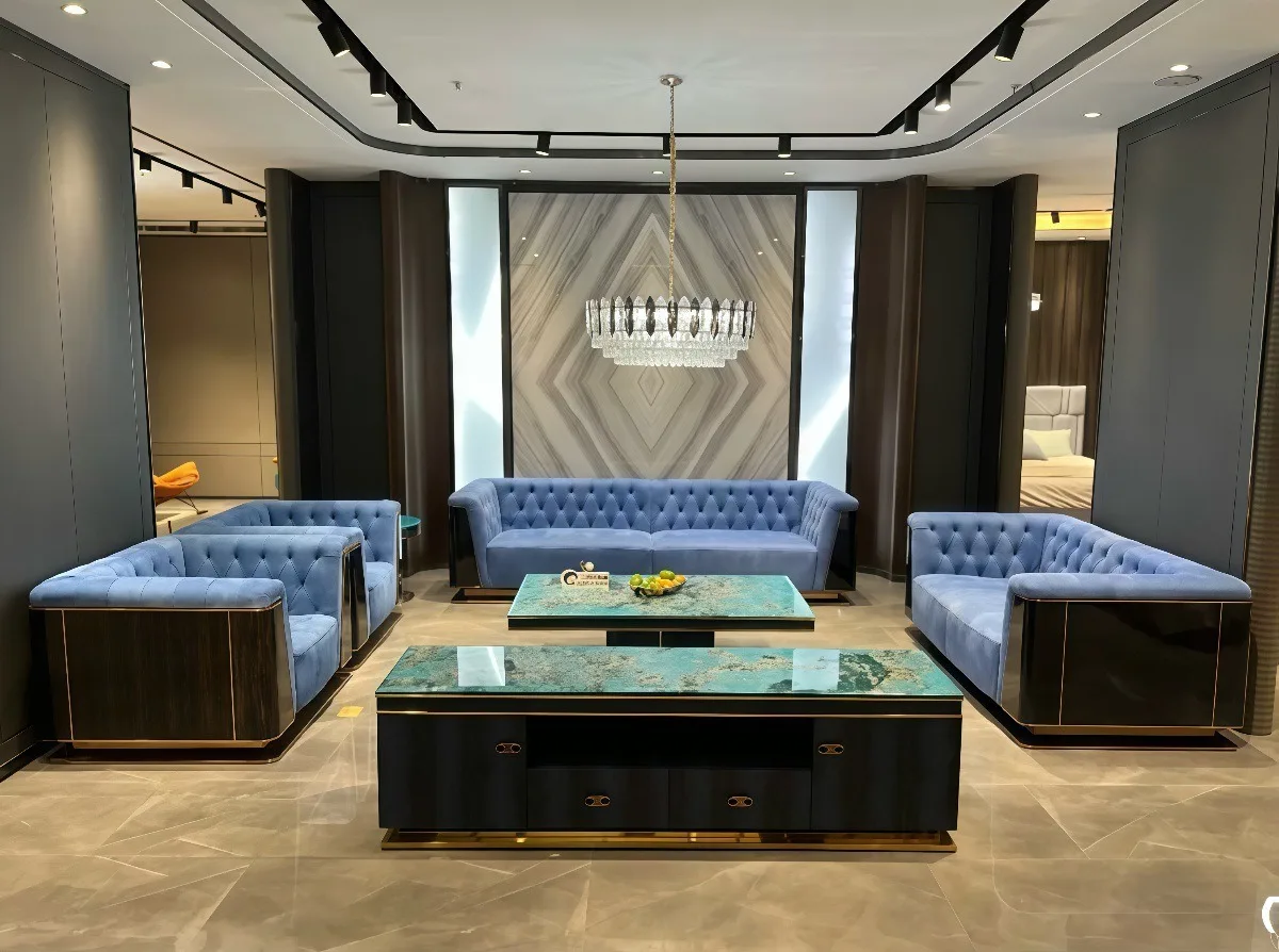 #Italian Light Luxury Haze Blue Top Grain Matte Leather Sofa High-end Villa Whole House Matching Living Room Home Furniture