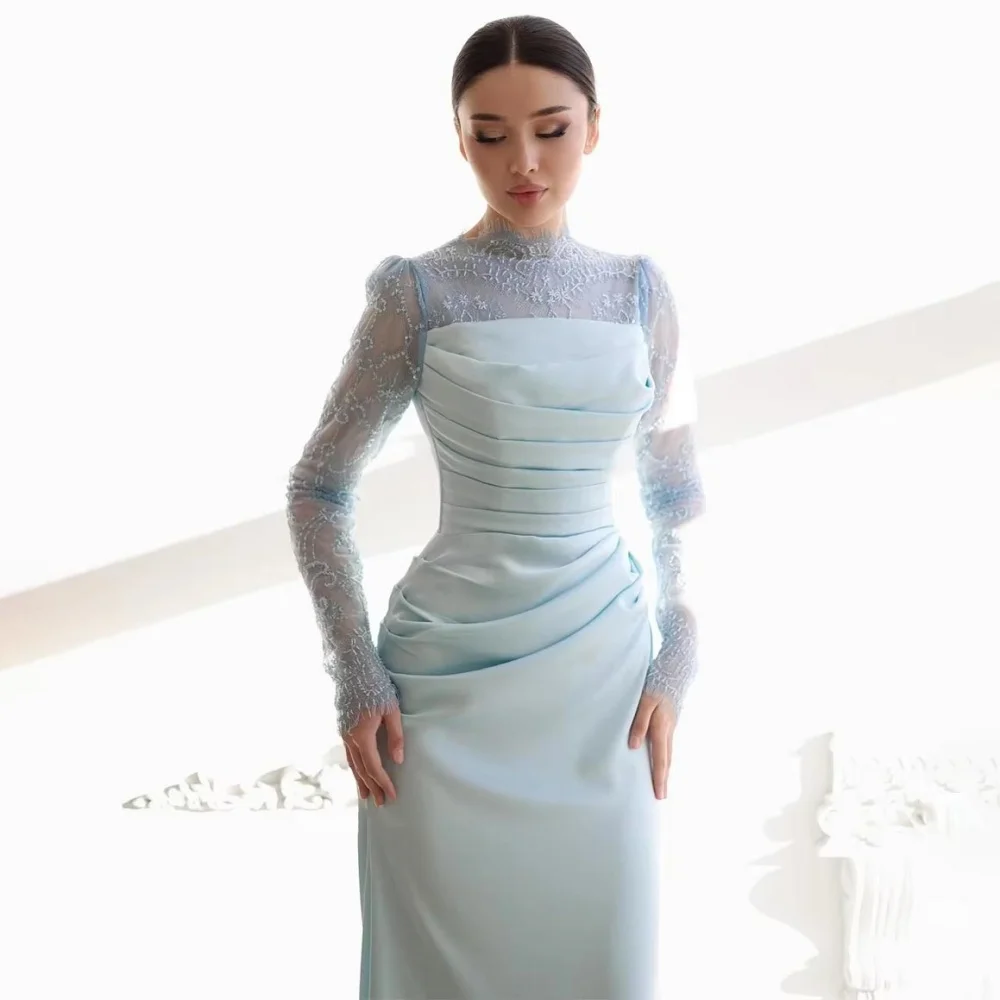 تخصيص رائعة Ruched المرأة حفلة موسيقية فستان طويل الأكمام الساحرة حورية البحر الدانتيل زين فستان الحفلات المرأة الساتان ثوب مسائي