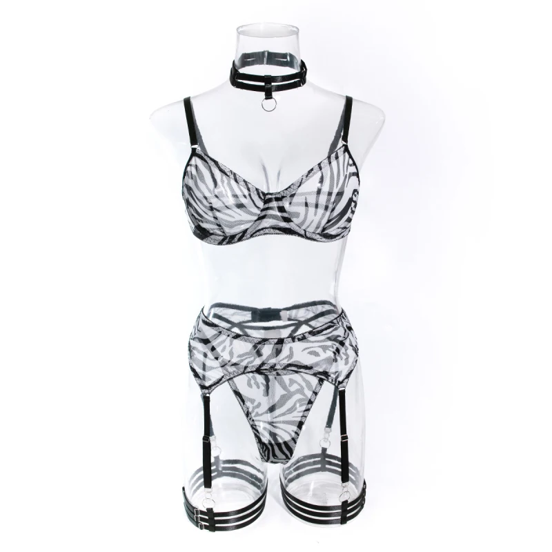 

Bikini with mesh, zebra print, sheer underwire, sexy swimsuit with neck ring, four-piece set