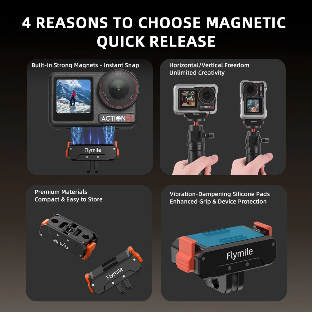 محول تركيب مغناطيسي من Flymile لملحقات DJI Action 5 Pro/Osmo 360 دعامة تثبيت قاعدة سريعة الإصدار