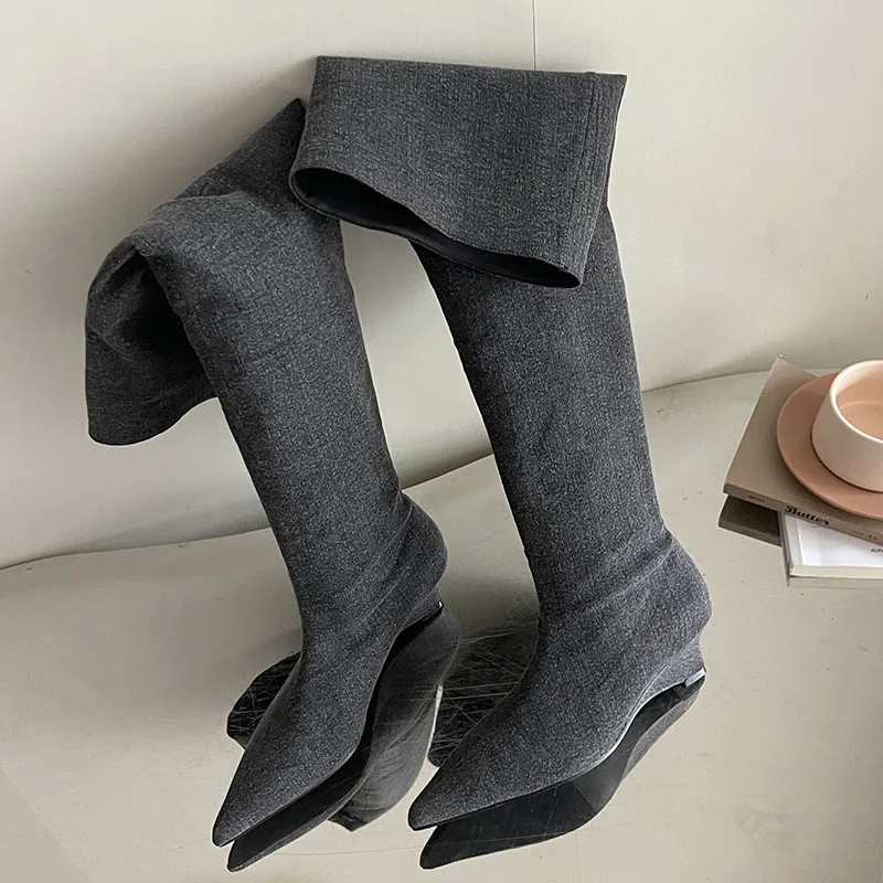 New Ladies Knee High Denim Boots With Wedges Shoes Fashion Pointed Toe Footwear Slip On Women Long Booties Female Wedges Shoes