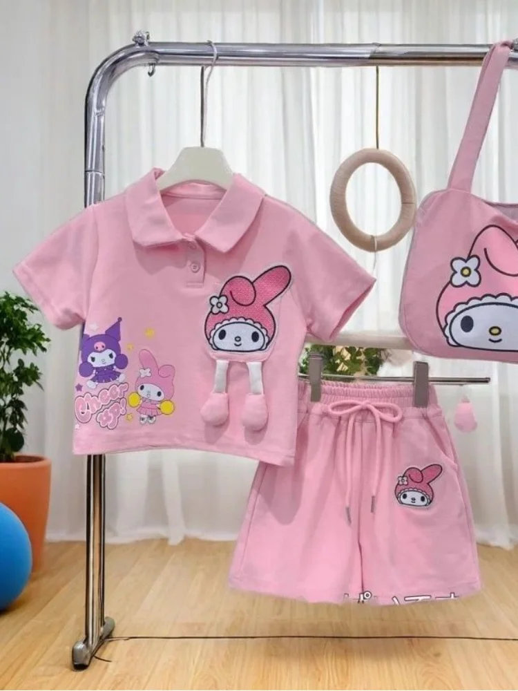 

Kuromi Girls Summer Cute Short Sleeve Set New Kids Super Fashionable Versatile Cartoon Fashionable Cute Convenient Complete Set