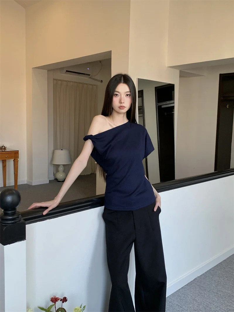

Asymmetric oulder T-irt Women's Summer Slimming Single oulder Top Pure Color Casual Sle No Sve ort Length