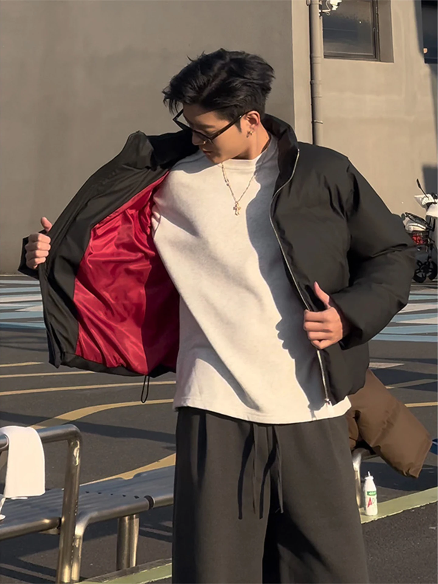 

Bla Red Inner ort PU Leather Cotton Jaet Men's Winter Thi Warm Cotton Coat American Sle Bread ape Stand Collar