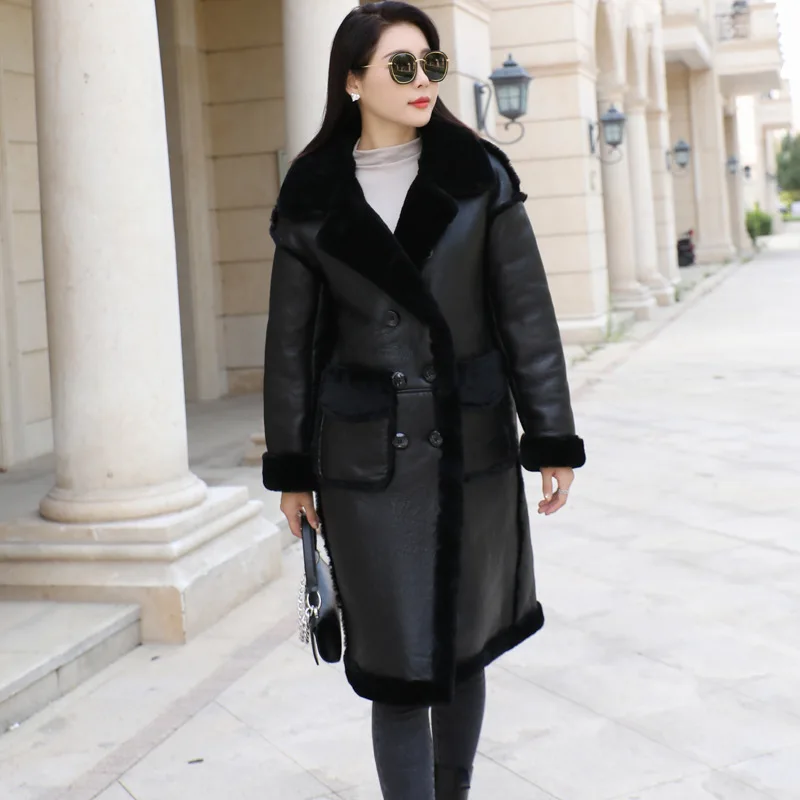 New Genuine Shearling Fur Coat Women Winter Warm Fur Long Jacket Lady Snow Outerwear