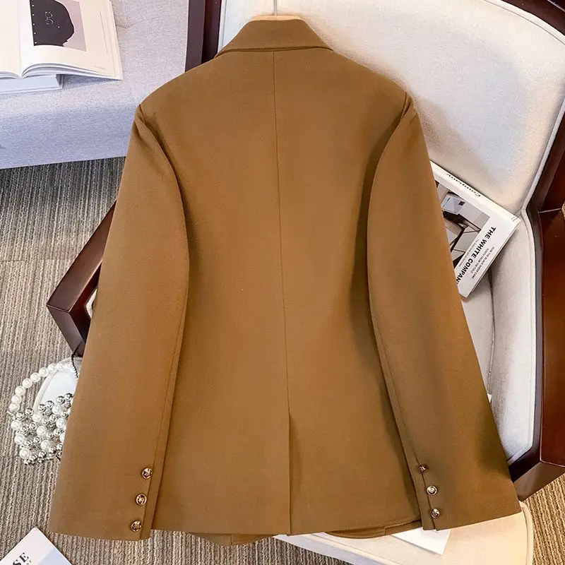 Insozkdg Retro Brown Women Autumn Winter Straight Solid Blazers Single Breasted Front Shoulder Female Temperament Suit Jackets