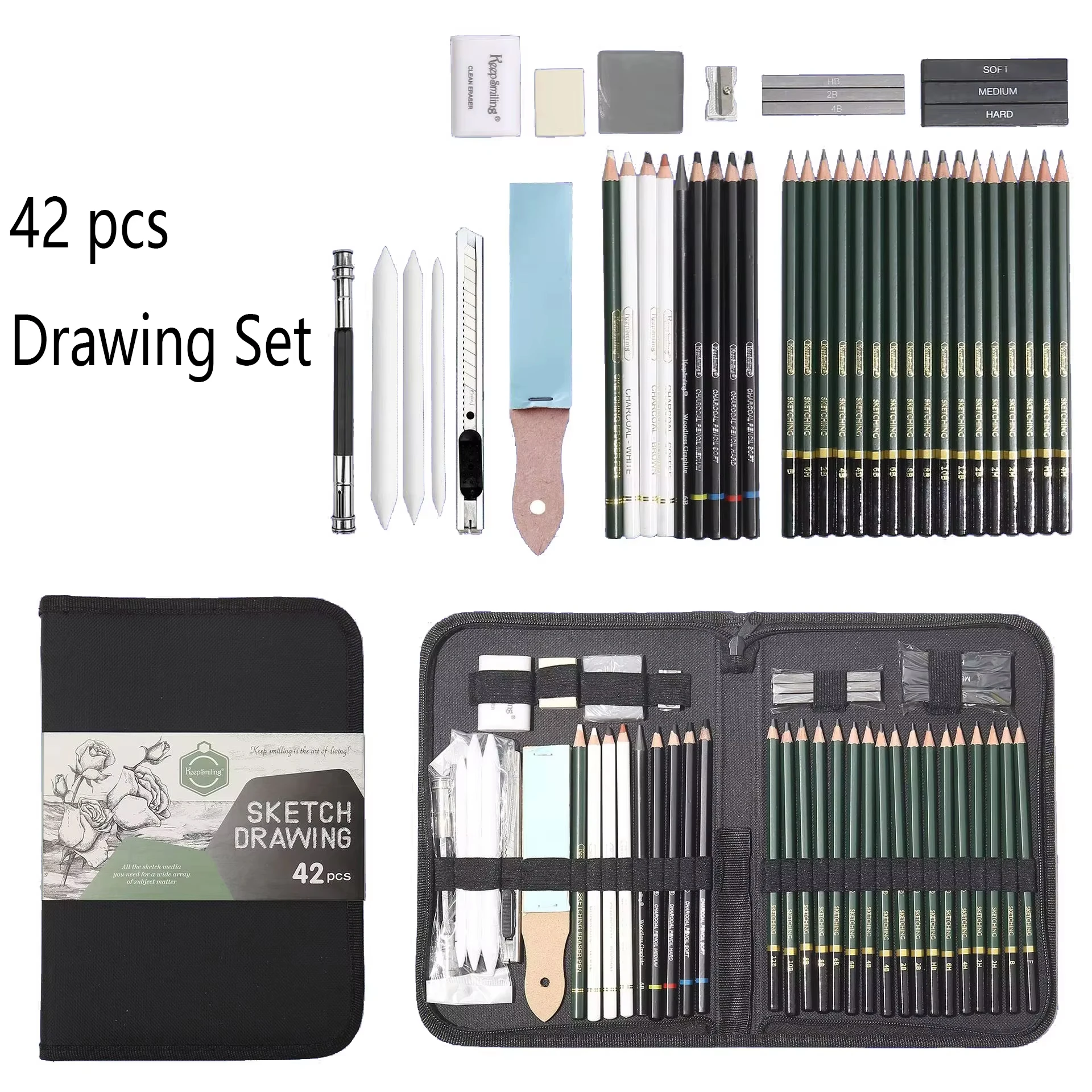 42pcs Drawing Sketching Set Professional Sketch HB Pencil Carry Case Art Supplies Drawing Kit Graphite Charcoal Stick Tool